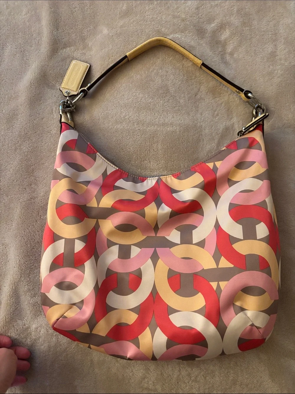 Stylish Coach Multi-Color Pattern Hobo Bag - Pink, Red & Cream, nylon